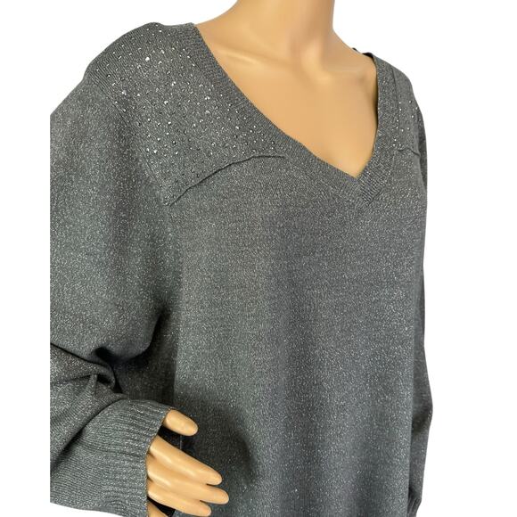 Catherines Studded Shimmer Knit Sweater Gray Silver V-Neck Plus Size 3X - Picture 9 of 11